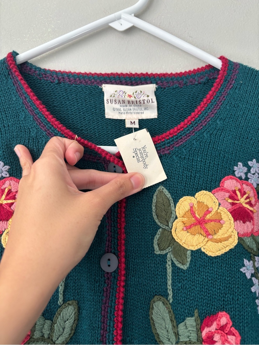 Vintage Cottagecore Teal Floral Knitted Embroidery Fairy Garden Granny Cardigan - Picture 2 of 9